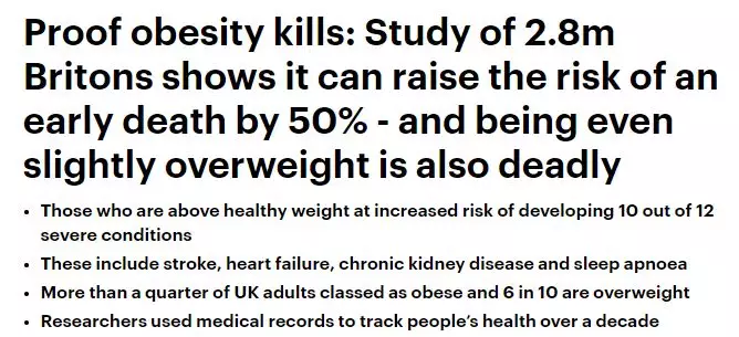 近300万大样本研究揭示：肥胖使死亡与疾病风险几率增加数倍